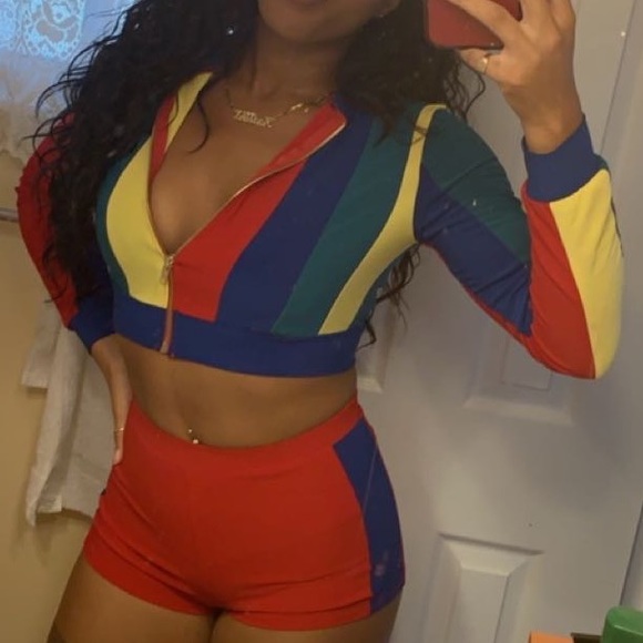 Pants - MULTI COLOUR CROP JACKET SHORT SET